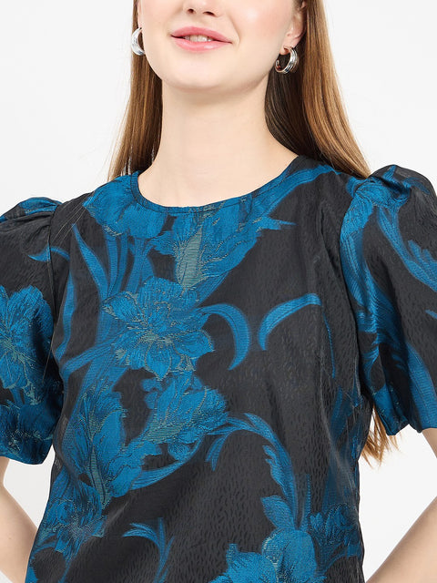 Madame Textured Teal Puff Sleeve Top