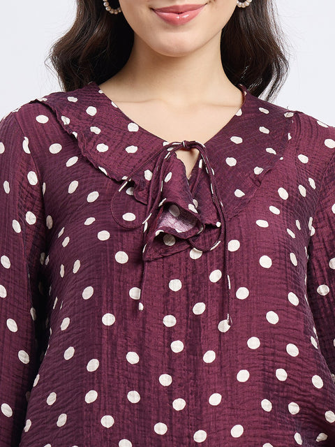 Madame Wine Polka Dot Print Ruffle Collar Top