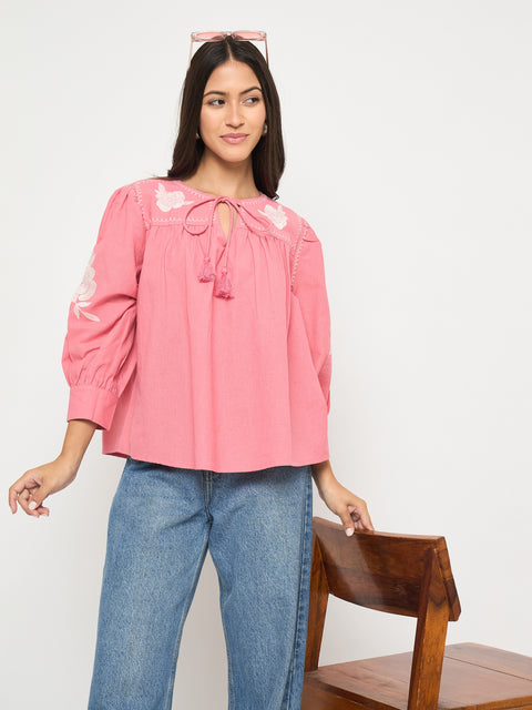 Madame Tie Neck Floral Embroidery Coral Top