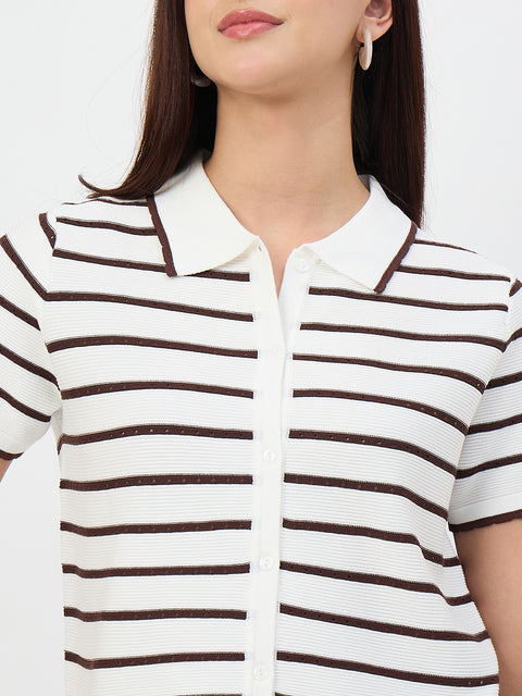 Madame Coffee Striped Cotton Polo Knit T-Shirt