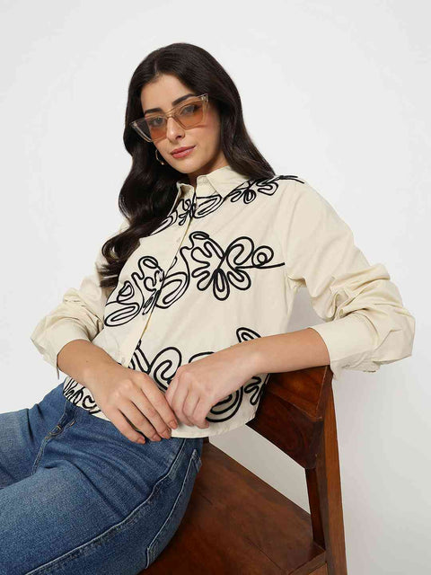 Madame Dori Embroidered Beige Cotton Shirt