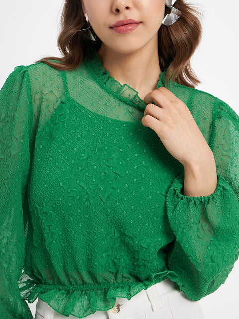 Madame Textured Swiss Dot Detail Green Peplum Top