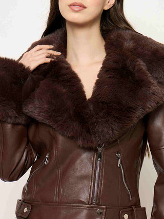Madame Faux Fur Notch Lapel Collar Brown PU Leather Jacket