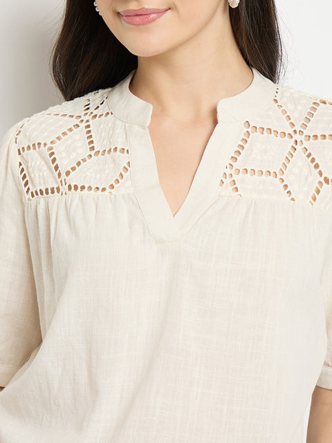 Madame Off White Cotton Schiffli Top