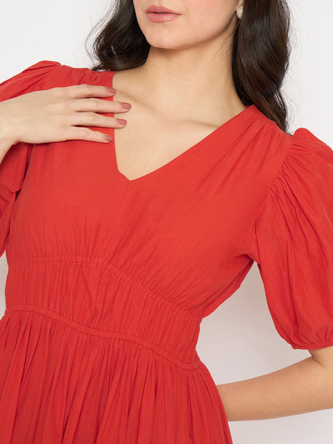 Madame Cutwork Embroidery Empire Waist Red Cotton Midi Dress