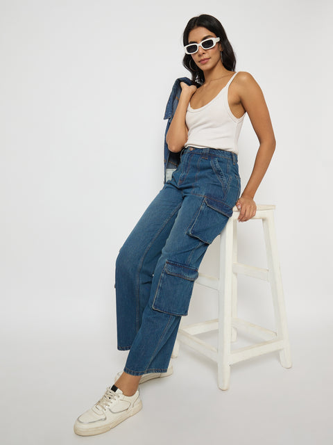 Madame Multi Pocketed Mid Blue Cotton Denim Cargo