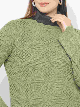 Madame Textured Scalloped Hem Green Knitted Top