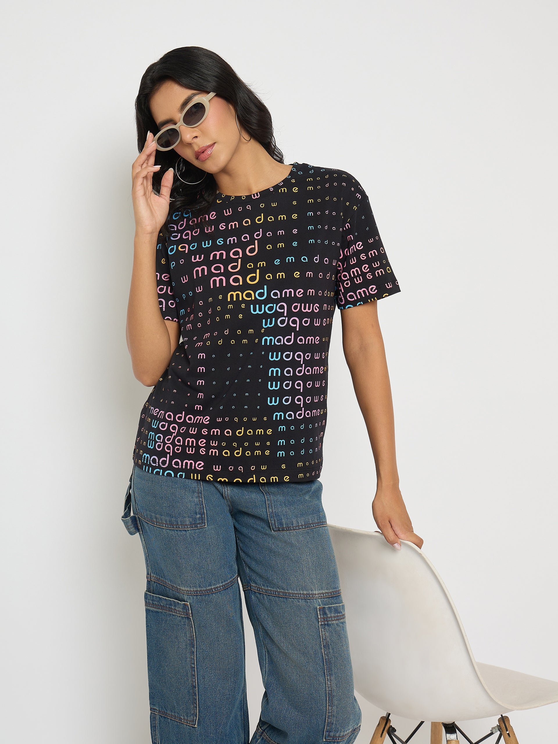 Madame All Over Print Black Cotton T-shirt color swatch