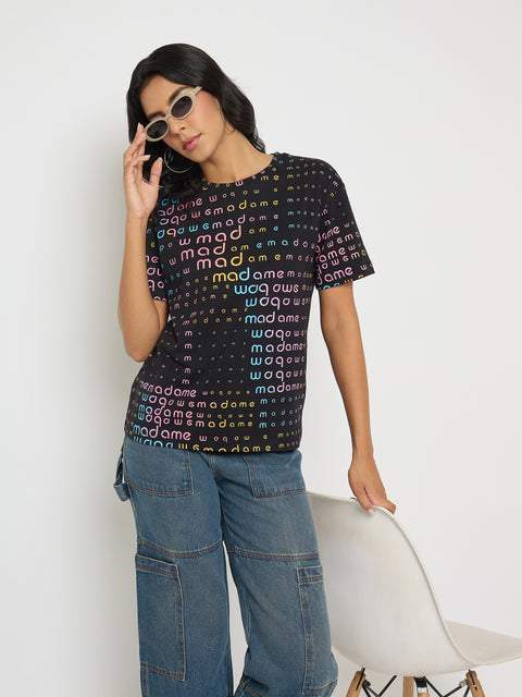 Madame All Over Print Black Cotton T-shirt
