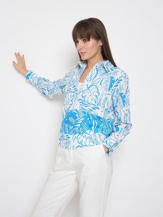 Madame Botanical Print Button Up Front Aqua Blue Shirt