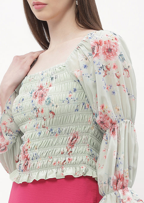 Madame Floral Mint Green Smocked Top