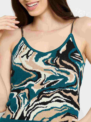 Madame Abstract Print Teal Cami Crop Sweater