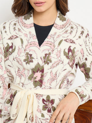 Madame Printed Beige Shrug with Belt