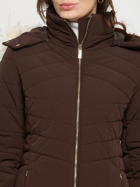 Madame Dark Brown Quilted High Neck Full Sleeve Midi Jacket