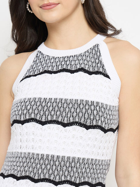 Madame Black Striped Halter Neck Cotton Dress for Women