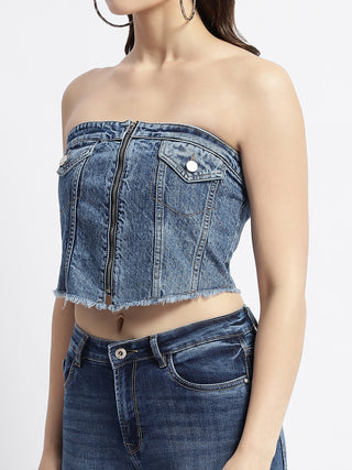 Madame Blue Front Zipper Denim Tube Top