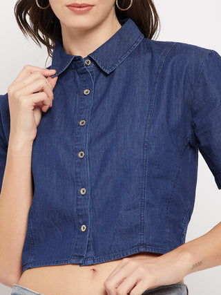 Madame Shirt Collar Denim Crop Top