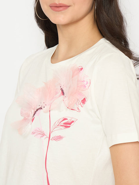 Madame Floral Applique White Cotton T-shirt