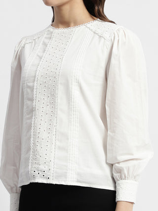 Madame Schiffli Adorned Puff Sleeve White Top