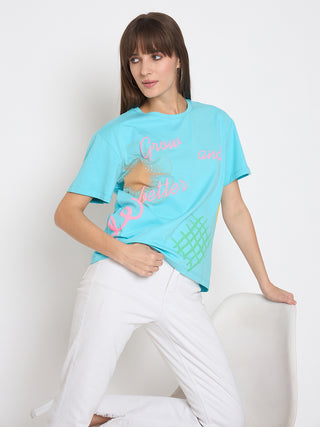 Madame Handwork and Embroidery Detail Aqua Blue T-shirt