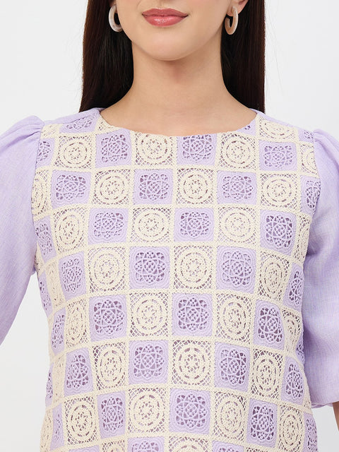 Madame Lilac Crochet Overlay Puff-Sleeve Top