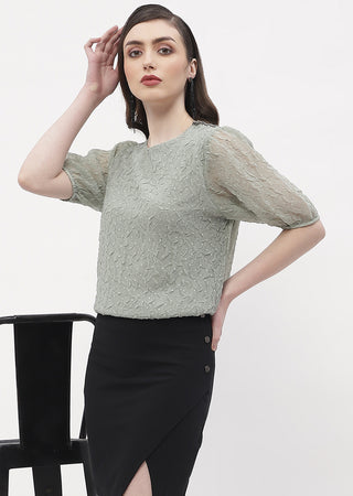 Madame Puff Sleeve Green Crinkled Fabric Top