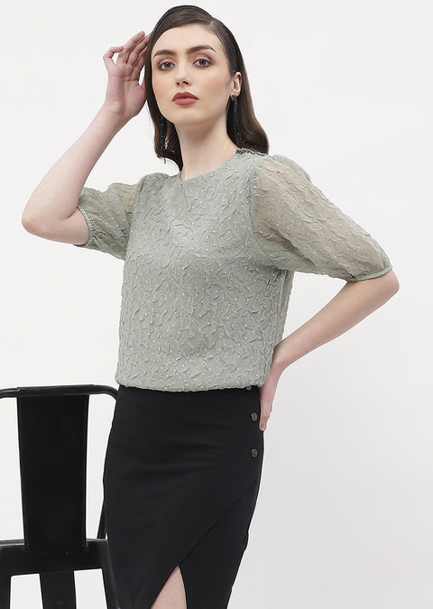 Madame Puff Sleeve Green Crinkled Fabric Top