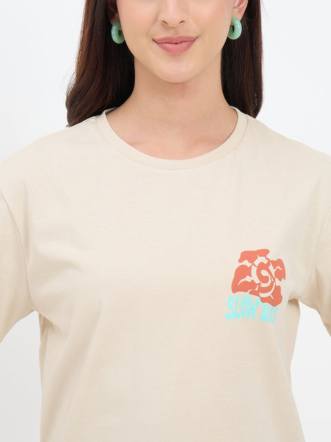Madame Beige Cotton Printed Half-Sleeve T-Shirt