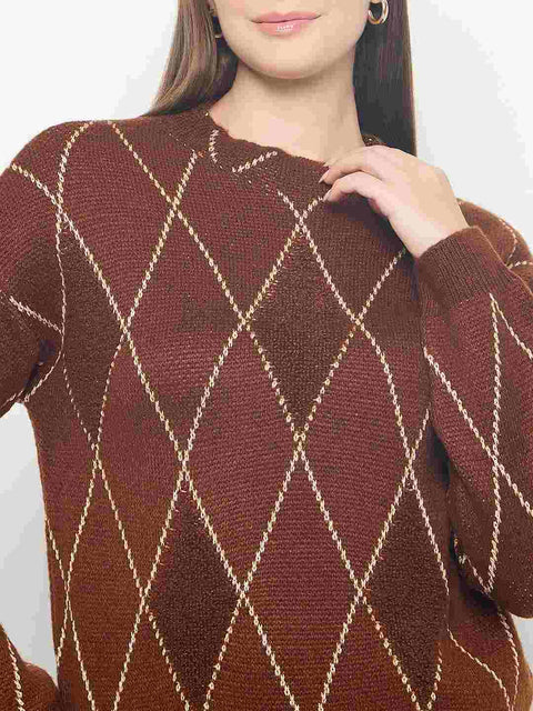 Madame Geometric Print Acrylic Blend Coffee Brown Sweater