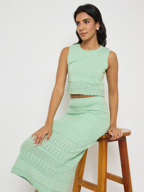 Madame Schiffli Top and Skirt Green Cotton Knit Co-ord Set