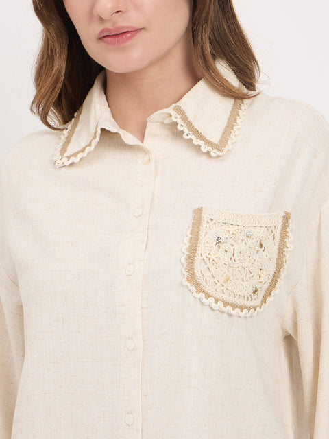 Madame Off White Embroidery Patch Rayon Linen Full Sleeve Shirt