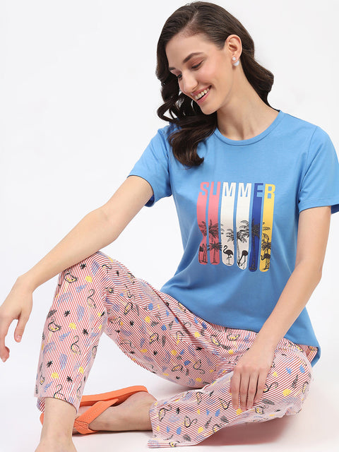 mSECRET Blue Cotton T-Shirt and Printed Pajama Nightsuit