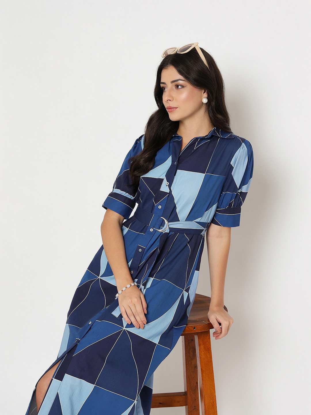 Madame Geometric Print Belted Blue Maxi Shirt Dress Madame Geometric Print Belted Blue Maxi Shirt Dress