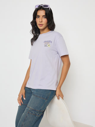 Madame Graphic Print Adorned Lilac Cotton T-shirt