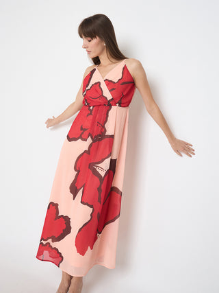 Madame Chiffon Floral Print A Line Peach Maxi Dress