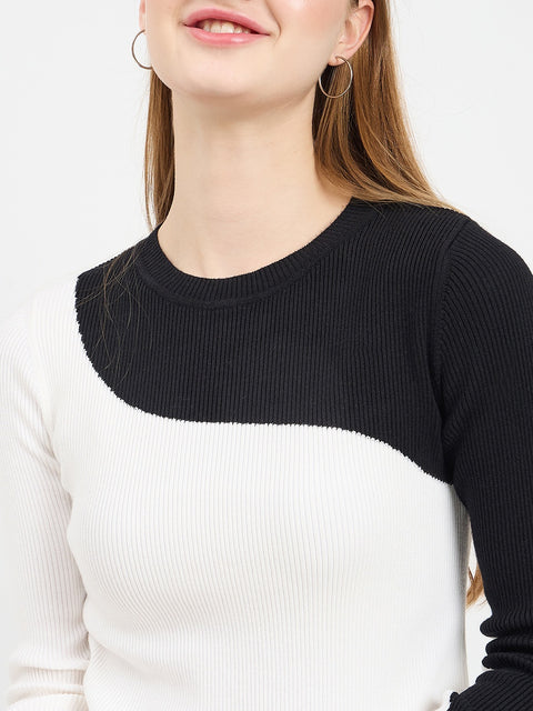 Madame Designer Colorblock Details Black Knit Top