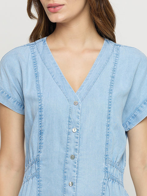 Madame Ice Blue Tencel V-Neck Short Sleeve A-Line Midi Dress