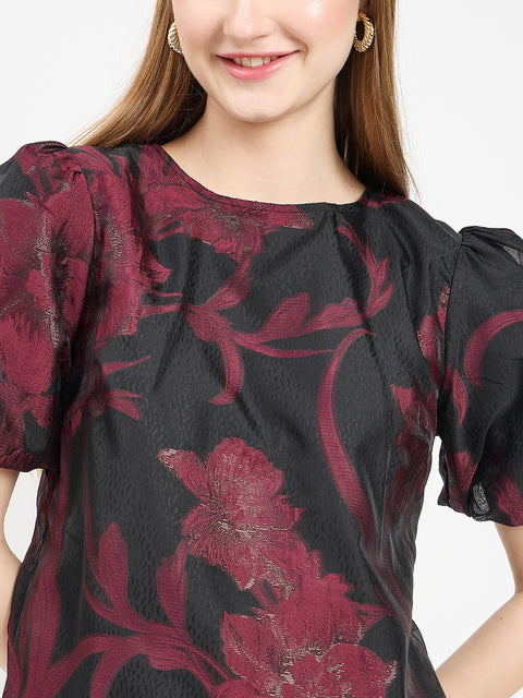Madame Textured Burgundy Puff Sleeve Top