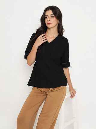 Madame V Neck Black Peplum Top