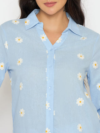 Madame Floral Embroidery Blue Cotton Shirt