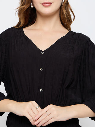 Madame Solid Rayon Blend Black Peplum Top