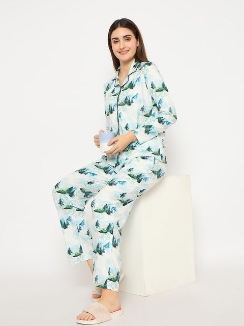 mSECRET Botanical Print Notch Lapel Top and Bottom Teal Night Suit