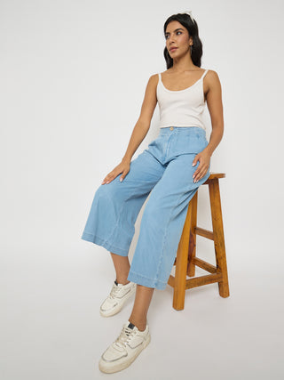 Madame Pintuck Detailed Cotton Blend Light Blue Wide Leg Jeans