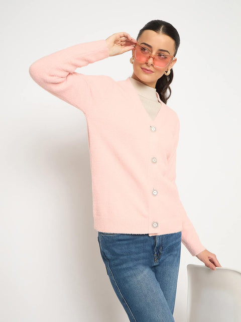 Madame V Neck Solid Peach Cardigan