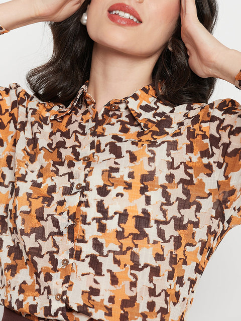 Madame Printed Beige Shirt With Cuff Sleeves