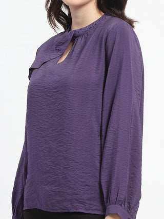 Madame Embellished Collar Ban Neck Solid Purple Top