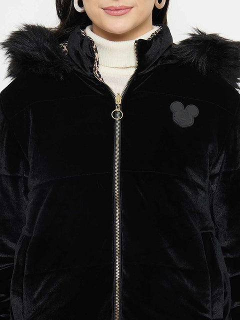 Madame Disney Printed Hooded Zip Up Black Jacket