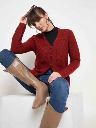 Madame Rust Red Cable Knit Acrylic Cardigan