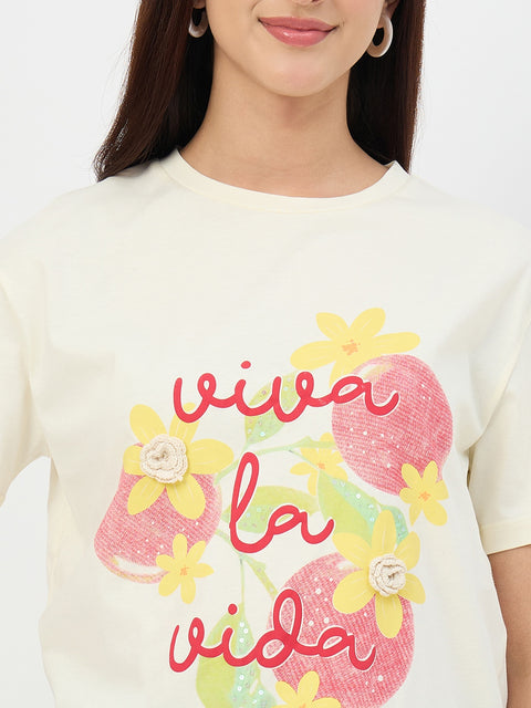 Madame Beige Crew Neck Printed Cotton T-Shirt