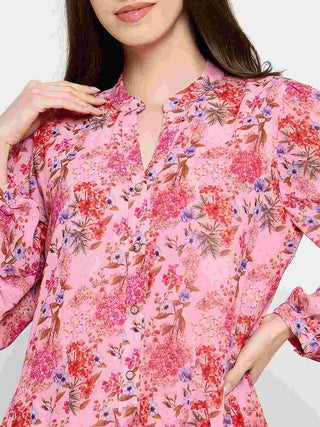 Madame Pleated Floral Pink Mini Shirt Dress